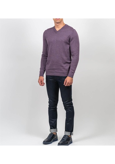 Erkek V Yaka Triko Slim Fit Pamuklu Kazak Ncs Jeans 3002-Mürdüm Melanj