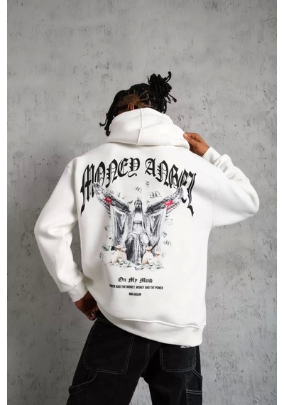 Erkek Kordon İpli Baskılı Kapüşonlu Sweatshirt - Beyaz