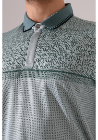 Rıbana Classıc Fermuar Detaylı Desenli Pamuklu Polo Yaka T-shirt Yeşil