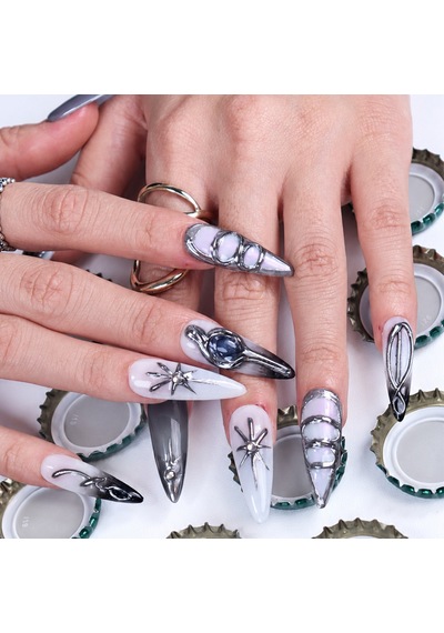 Gri Nail Art Extra Uzun 10'lu Tekrar Kullanılabilir El Yapımı Protez Takma Tırnak Keee1669 M
