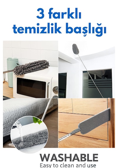 Nobera 3 Başlıklı Uzun Saplı Mikrofiber Temizlik Seti Yüksek Ve Dar Alanlar Için Ideal