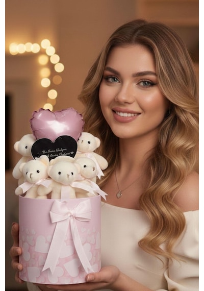 Sole Premium Silindir Kutuda Kalp Aynalı 5 Li Peluş Ayıcık Buketi Kalp Balon Detaylı