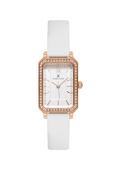 Daniel Klein Dke.1.13971.5 Beyaz Taşlı Dikdörtgen Deri Kordonlu Vintage Kadın Kol Saati Rose Gold