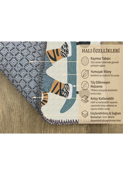 Turkıshrug Kıngdom Kaymaz Tabanlı Tatlı Kaplan Figürlü Çocuk Halısı, Oyun Odası Dekoru Çok Renkli