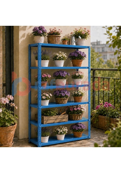 6 Katlı Renkli Dekoratif Çelik Raf - Çiçeklik Rafı, Ofis Rafı 0,70 Mm Mavi-59x93 Cm-100 Cm