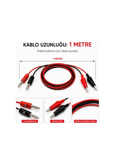 1 Metre 4 Mm Muz Fişli Timsah Klipsli Test Bağlantı Kablosu