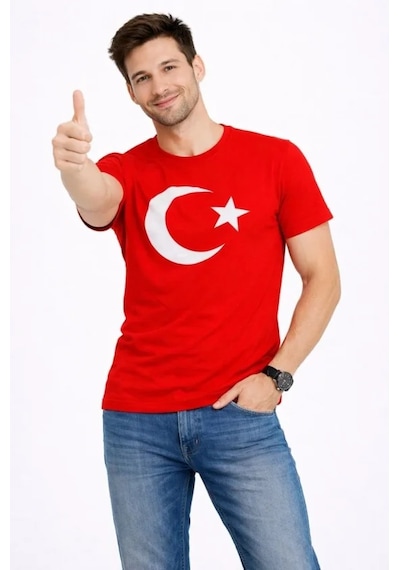 Suma Erkek T-shirt Kısa Kol Bisiklet Yaka Ay Yıldız Bayrak Baskılı Tişört - Kırmızı