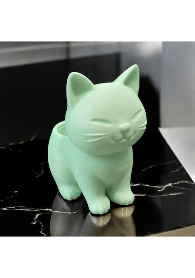 3d Baskı Sevimli Kedi Saksı - Figürlü Sukulent Saksısı-mint