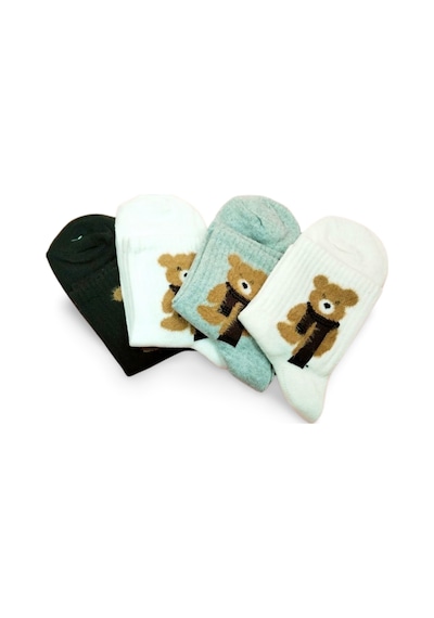 Peluş Ayıcık İşlemeli Kadın Soket Çorap 4 Çift 113 Safran Çok Renkli