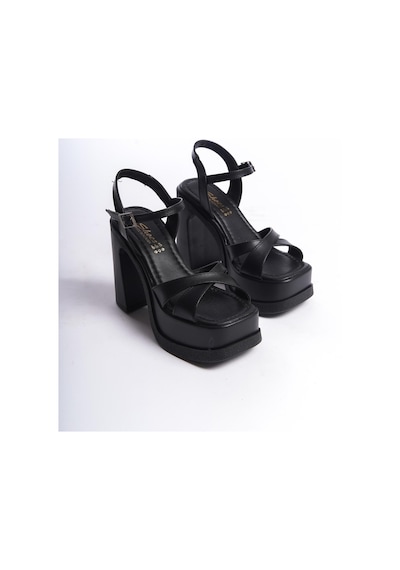 Preshley Kadın Keyli Siyah Cilt Çapraz Bantlı 12 Cm Platform Topuklu Ayakkabı Siyah