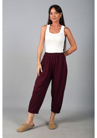 By Saygı Kadın Beli Lastikli Cepli Paça Tutturmalı Modal Pantolon Mürdüm