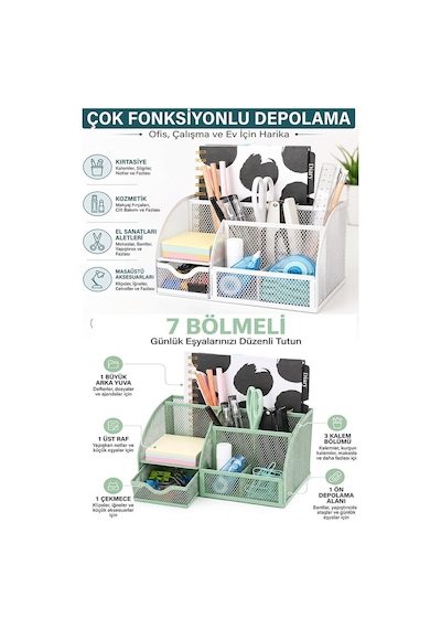 Yeşil Masaüstü Metal Kalemlik Seti 7 Bölmeli Fileli Masa Üstü Düzenleyici Küp Notluk Ataşlık Çekmeceli Perfore Büro