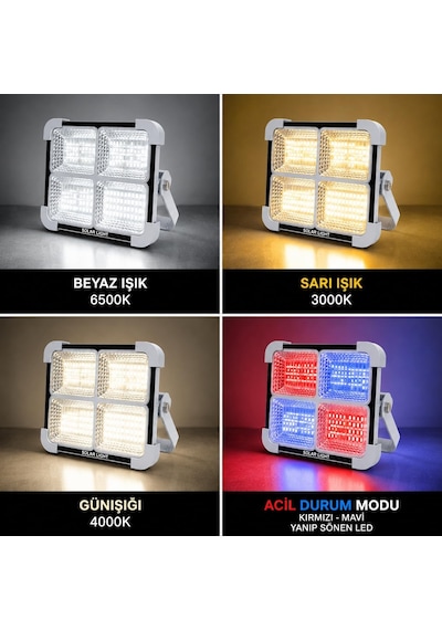 Lexroo 200w Solar Led Projektör, 3 Renk Işık Modlu Şarjlı Kamp Lambası Standart