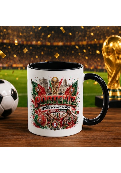 Bk Gift Portekiz Taraftar Temalı Dünya Futbol Kupası Tasarımlı Siyah Kupa Bardak Beyaz