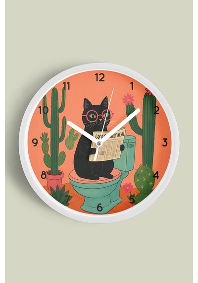 Soyut Kedi Modern Tasarım Duvar Saati - 25cm - Önü Camlı Beyaz Kasa - Sessiz Mekanizma-jh0368 Beyaz