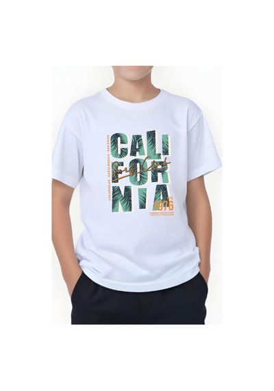 Panios Kids 1976 Cali Baskılı Erkek Çocuk Yuvarlak Yaka Kısa Kollu T-shirt Beyaz