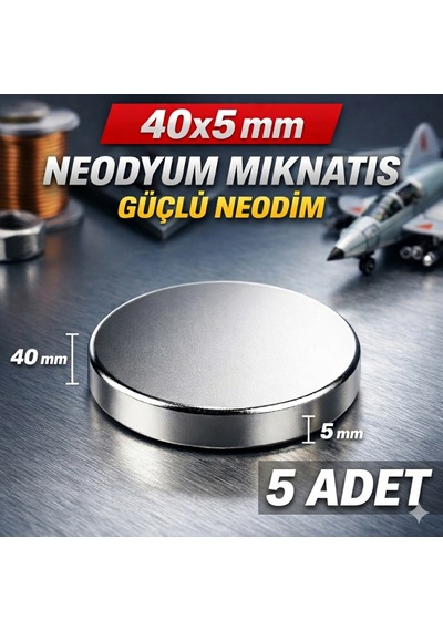 5 Adet - 40x5 Mm Neodyum Mıknatıs Yuvarlak Güçlü Neodim