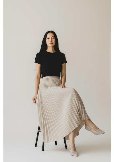 Eren Style Pileli Pamuklu Dokuma Viskon Kışlık Etek 95 Cm - 38-48 Krem
