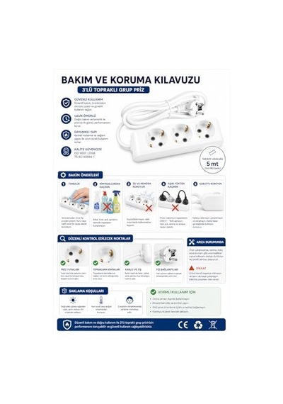 5 Metre Tam Boy Uzunluklu 3 Lü Topraklı Grup Priz 250v 16a Yüksek Güvenlikli, Dayanıklı Gövde, Ev-ofis-atölye Kullanımına Uygun Çok Amaçlı Uzatma Prizi