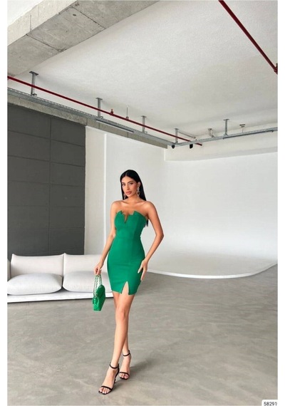 Lior Design Kadın Bohem Straplez Yırtmaçlı Mini Abiye Elbise Zümrüt