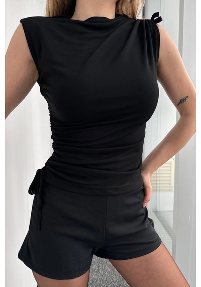 Bb Butik Basic Yan Ve Omuz Büzgülü Bluz siyah