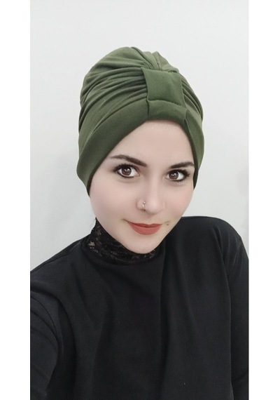 Kadın Tesettür Çapraz Bone Haki Altın