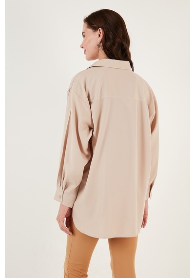 Lela Pamuklu Oversize Dokuma Bayan Gömlek 6234760 Taş