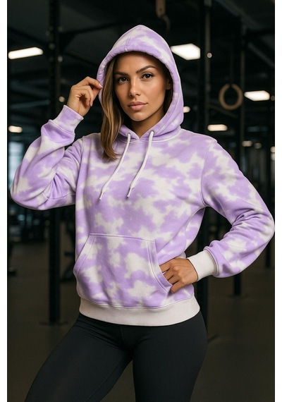 Kadın Batik Desen Renkli Oversize Relaxed Uzun Kollu Kapüşonlu Sweatshirt Pudra