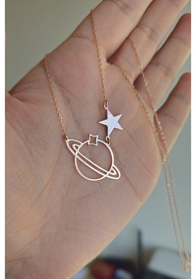 925 Ayar Gümüş Rose Altın Kaplama Yıldızlı Satürn Gezegeni Kolye Rose Gold