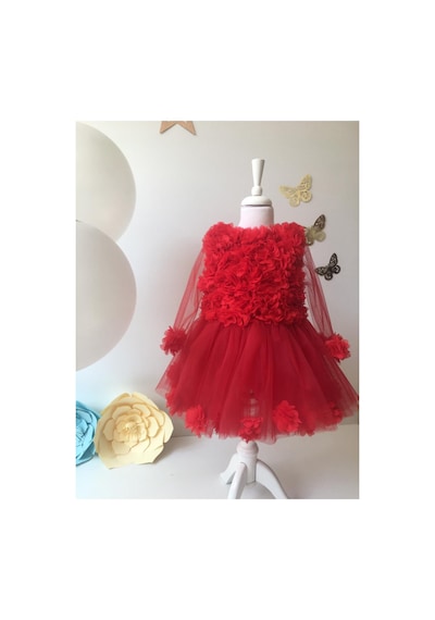 Hayy Baby Kids Wear Kız Bebek Kırmızı Şifon Çiçekli Elbise