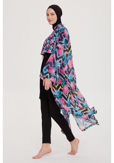 Remsa Mayo Remsa Tesettür Mayo Üzerine Tek Kaftan Kimono Pareo Rp018 Ananas Siyah