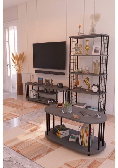 Salon Oturma Odası Takımı Metal Ayaklı Tv Ünitesi Kitaplık Orta Sehpa Avantajlı Mobilya Seti Antrasit Salon Oturma Odası Takımı Metal Ayaklı Tv Ünitesi Kitaplık Orta Sehpa Avantajlı Mobilya Seti Antrasit