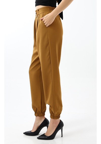Winmoda34 Kadın Maskülen Paçası Lastikli Jogger Kumaş Pantolon Hardal