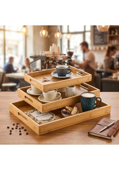 Deinhaus Bambu Servis Tepsisi Seti, Doğal Ahşap, 3'lü Set, Küçük-orta-büyük, Kahvaltı Ve Sunum İçin