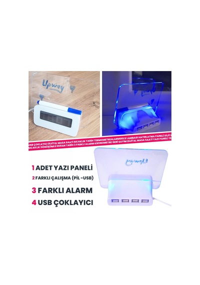 Upway 4 Adet Usb Çoklayıcı Not Panelli Dijital Masa Saati 3 Alarm Sıcaklık Takvim Doğum Günü Beyaz