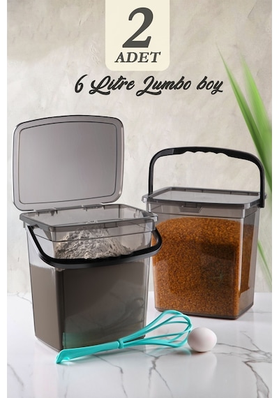 KitchenLife Mega Boy 2'li Kare Un Bakliyat Kabı 6 Litre - Kulplu Deterjanlık Saklama Kutusu Kabı 2 Adet
