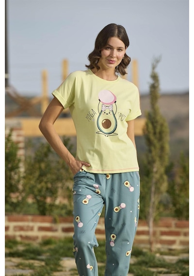 Monamise Kadın Desenli Ve Baskılı "yoga Sport" Pijama Takımı 24120-sarı Sarı