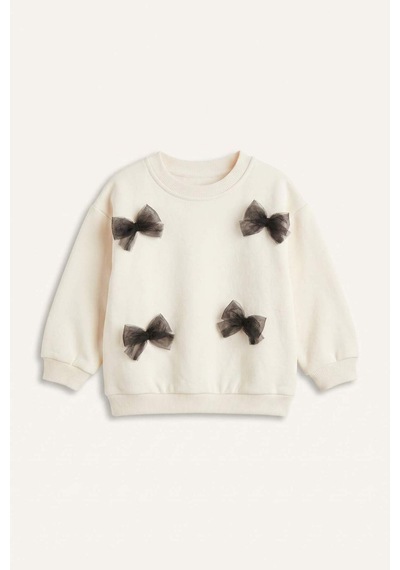 Defacto Bisiklet Yaka Fiyonk Detaylı Ecru Sweatshirt Kız Bebek I1017a526auer100 Ekru-er100