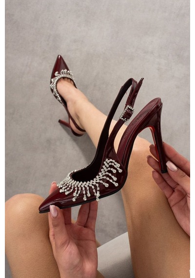 Elvı Işıltılı Taş Detaylı Bordo İnce Topuklu Slingback Ayakkabı 11 Cm Bordo