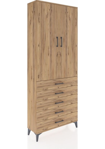 Arges Dolap 2 Raflı 5 Çekmeceli Tek Askılı 88x30x221 Çam-çam Çam
