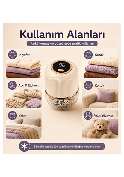 Şarjlı Tüy Toplama Makinesi 6 Bıçaklı Dijital Ekranlı Type-c 500 Mah Kıyafet Kaz Bej