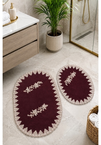 Mürdüm 2li Fransız Dantelli Lüks Banyo Paspası Kaymaz Çeyizlik Oval Banyo Paspas Seti Lauris