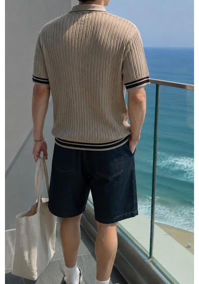 Tarz Cool Oversize Fit Çizgili Triko Polo Yaka Erkek Tişört Ribana Dokulu Premium Yazlık Model Bej