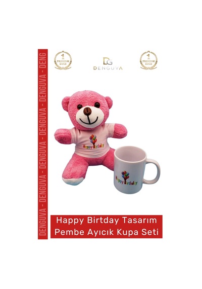 Ayıcıkseti Happy Birthday Baskılı Tişörtlü Peluş Pembe Hediye Ayıcık Porselen Kupa Bardak Seti