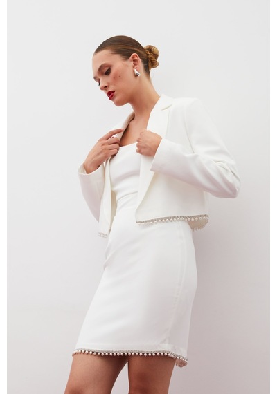 Sateen Aksesuarlı Kısa Ceket - Ekru-134922 Ekru