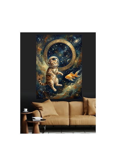 Uzayda Balık Kovalayan Astronot Kedi Yağlı Boya Dokulu Kanvas Tablo Canvas Tablosu