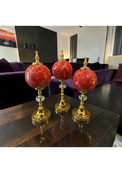 Ruby Gold Küre Dekoratif Obje Seti Kırmızı Mermer Desenli Lüks Modern Masa Üstü Ev Aksesuarı