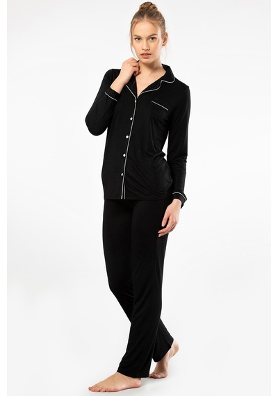Türen 3365 Kadın Uzun Kollu Gömlek Yaka Pijama Takım-siyah Siyah
