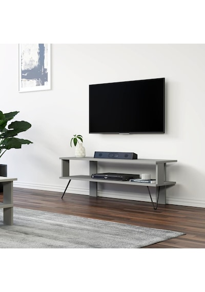 Duama TV Sehpası – Metal Ayaklı, Açık Raflı Tasarım, 120 cm, Gri