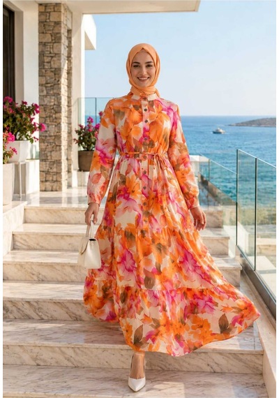 Hb Harma Time Butik Kadın Düğmeli Desenli Modal Kumaş Turuncu Elbise Orange Orange